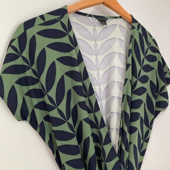 ANN TAYLOR 3/4 Sleeve Geometric BLACK Green WRAP DRESS-V-NECK -KNEE LENGTH Sz 8 - Picture 1 of 11
